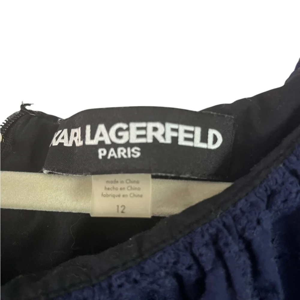 Karl Lagerfeld Paris Navy Off-Shoulder Eyelet Dress SZ 12 Ruffle Neck Cotton Mid - Picture 2 of 8
